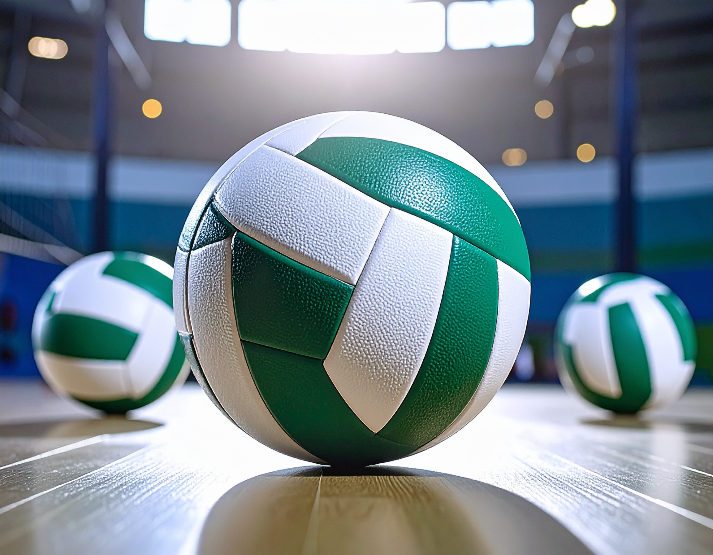 white and green volleyballs on gym court